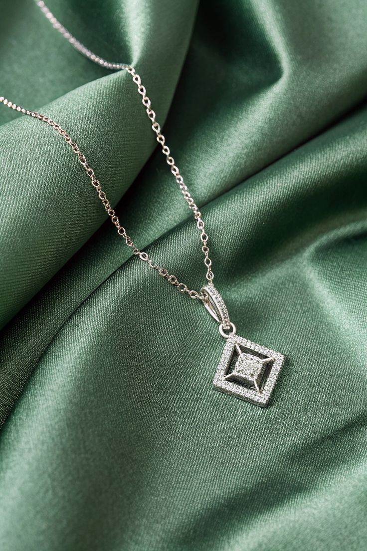 Square Pave Silver Pendant Necklace